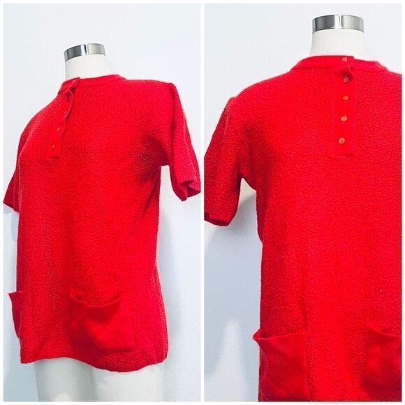 Vintage 70s Boucle Patch Pocket Short Sleeve Henley Medium Red - Picture 1 of 8